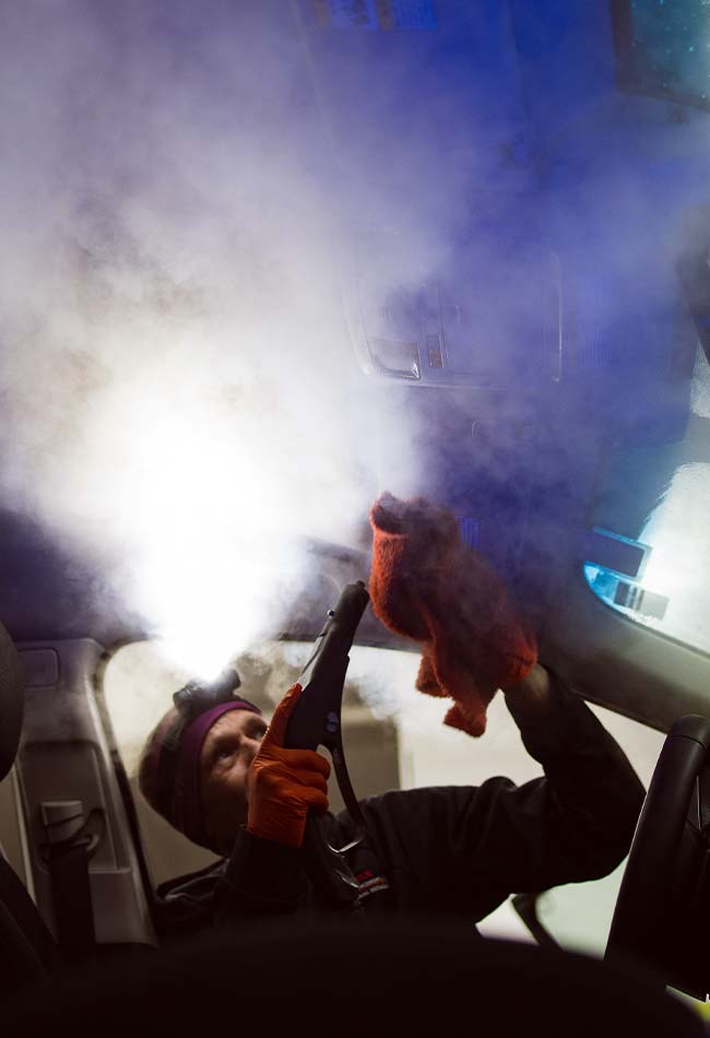 Interior Steam Cleaning of a Dirty Headliner at VEI Shop