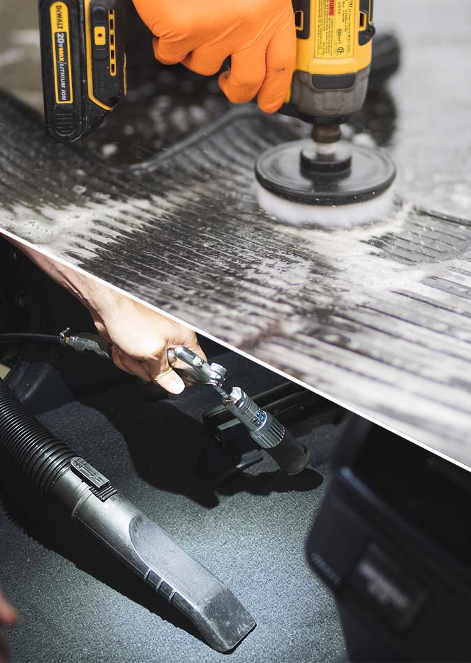 Scrubbing and vacuuming an interior carpet of a GMC Tahoe